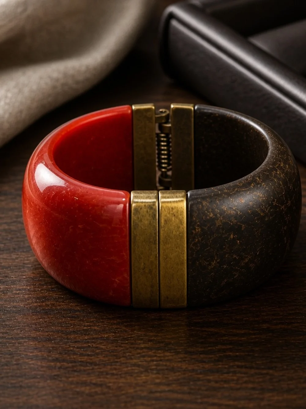 Premier Design Faux Wood Spring Hinge Bangle Bracelet Red